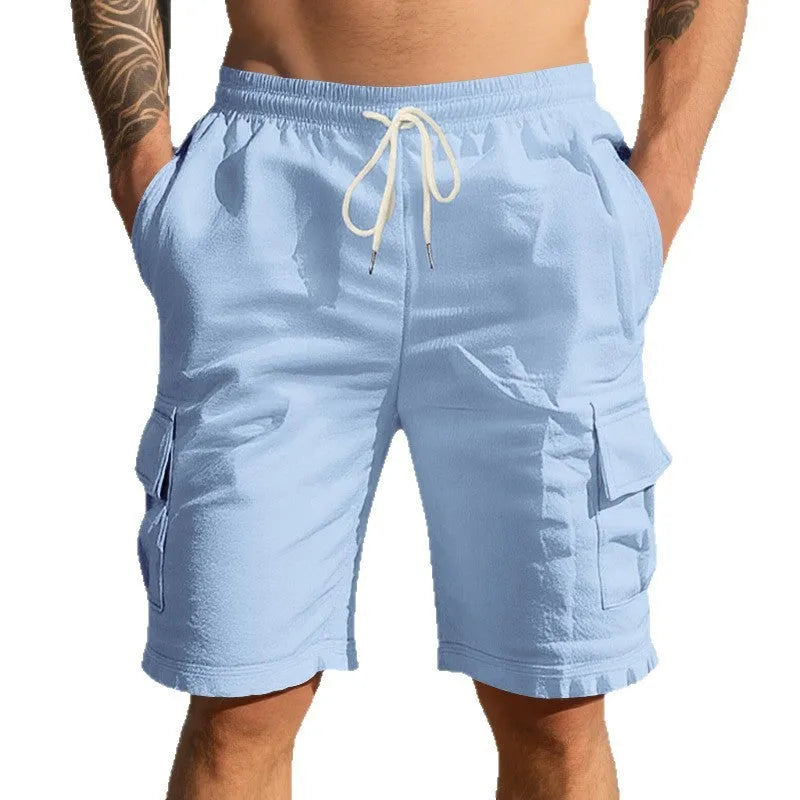 Men's straight-leg linen casual shorts in a light blue colour, showing front view with pockets.