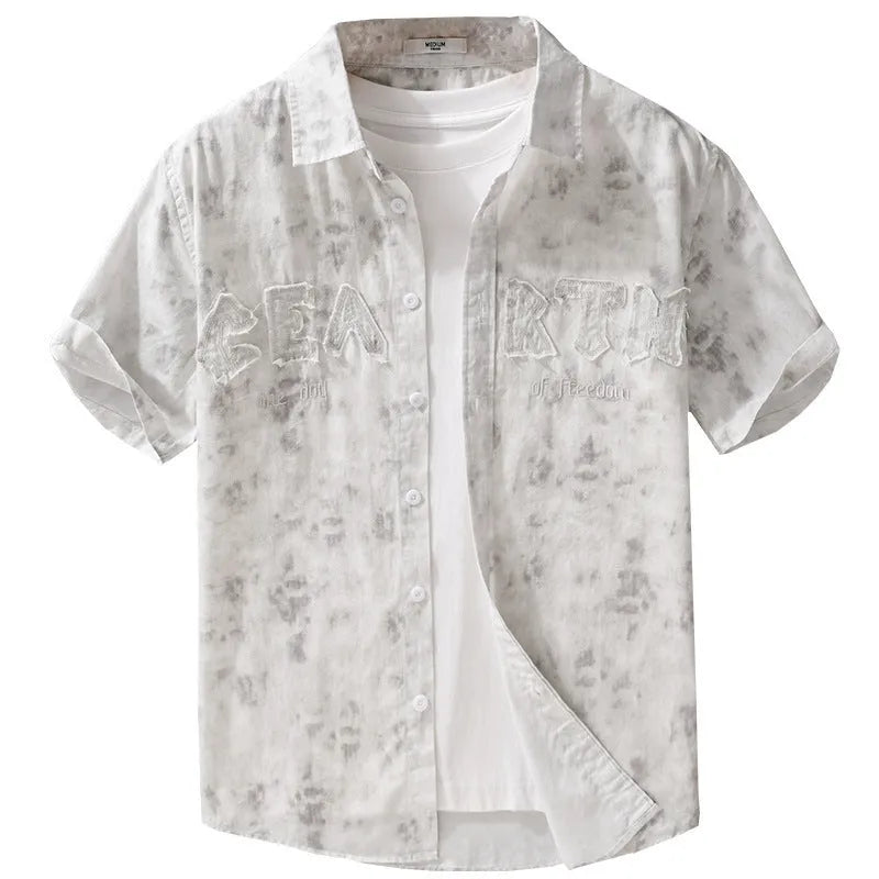 Men's grey white pure cotton cardigan with hanging dyed print showing loose fit and short sleeves
