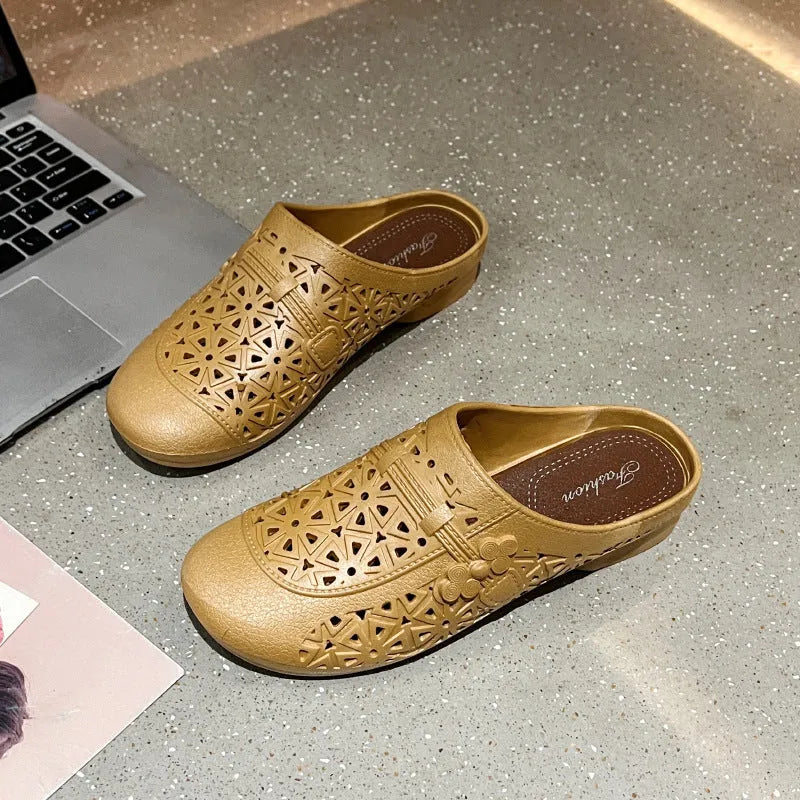 PVC fairy style half slippers with hollow-out design in apricot colour