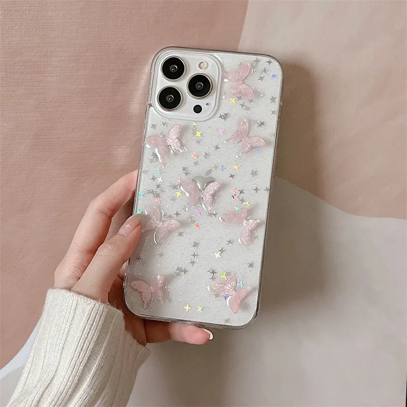 TPU back cover for iPhone 13 Pro Max with 3D dream pink butterfly design, transparent glue base, slim profile