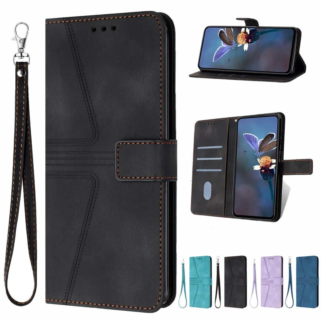 Blue geometric embossed flip card leather case for Samsung with short hand strap