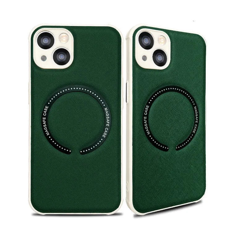 Leather phone case with MagSafe magnetic cross for iPhone 14 in black solid colour