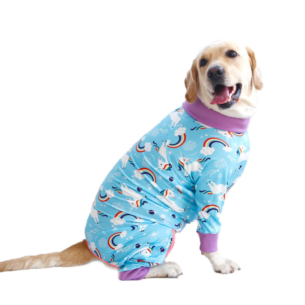 Cotton dog jumpsuit with cute printed design showing front view on mannequin