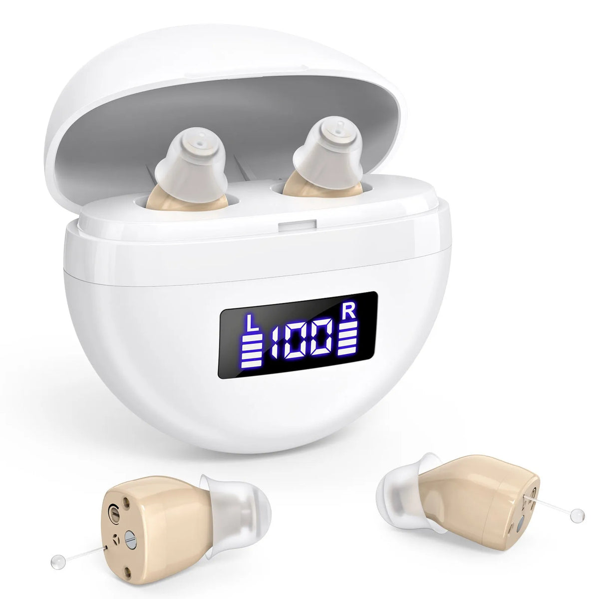 White skin noise reduction hearing aid with digital display and magnetic charging base