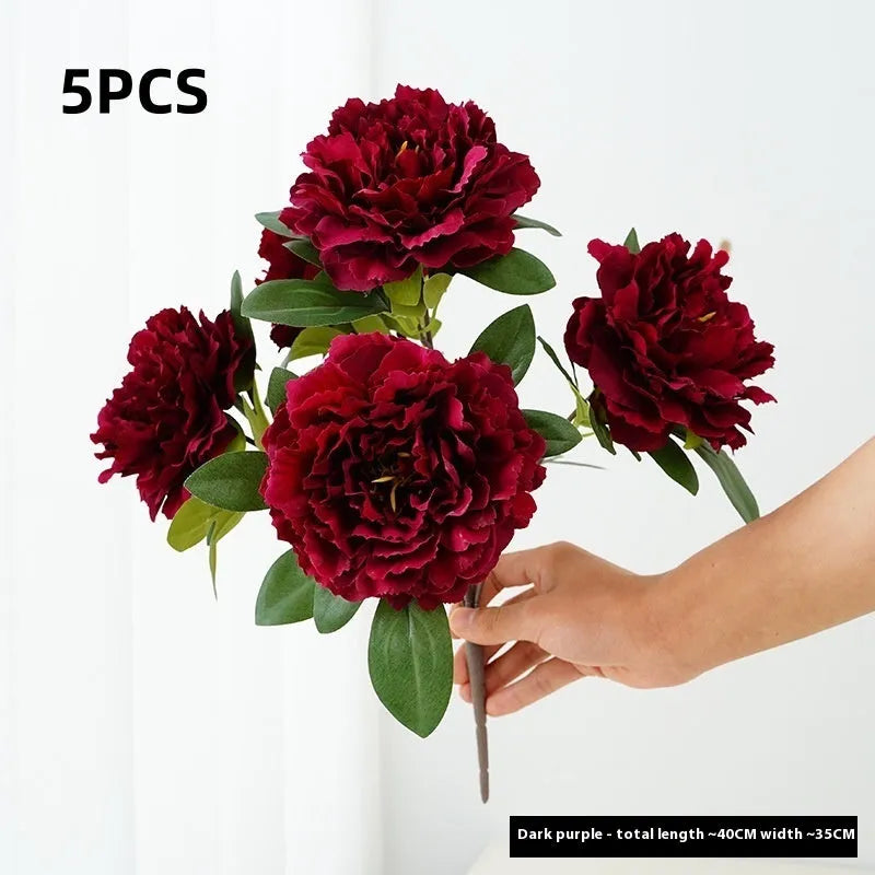 Artificial peony 5-head bouquet in light champagne, 40cm tall silk flower arrangement