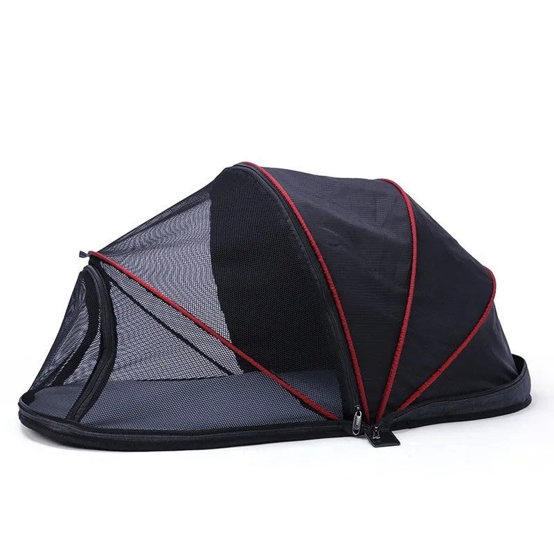 Folding cloth cat tent with half-mesh panels shown in blue colour option