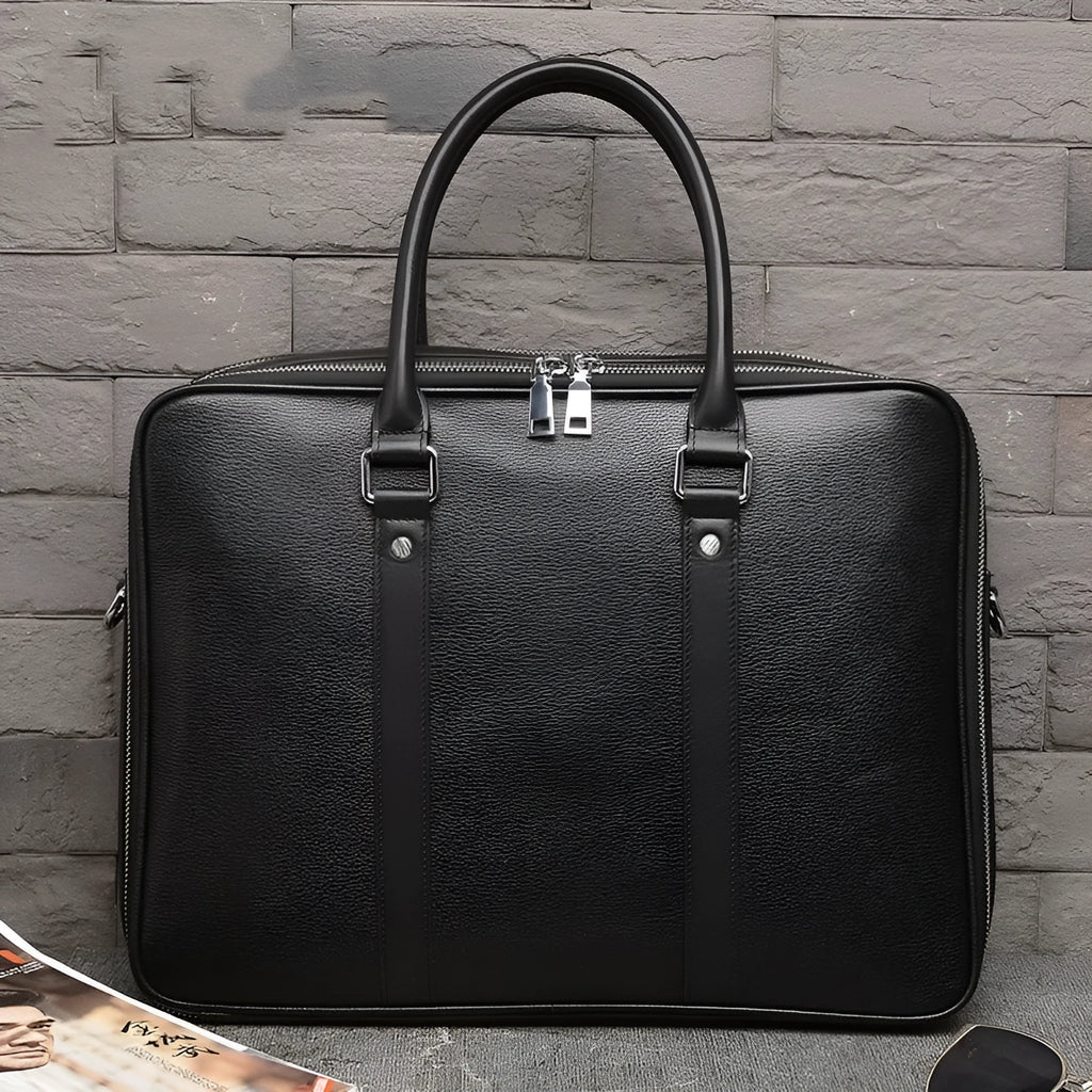 Men's black real-leather handbag with double zipper, 14 inch, first layer cowhide, nylon lining, for business travel