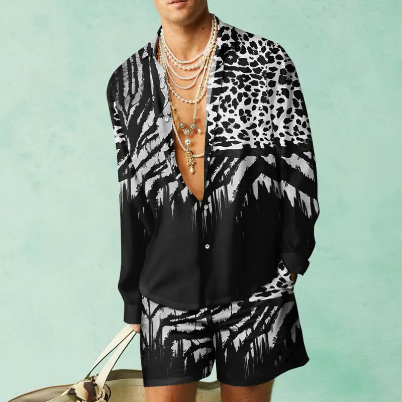 Casual slim-fit polyester shirt and matching shorts set on a model, showing the coordinated summer outfit.