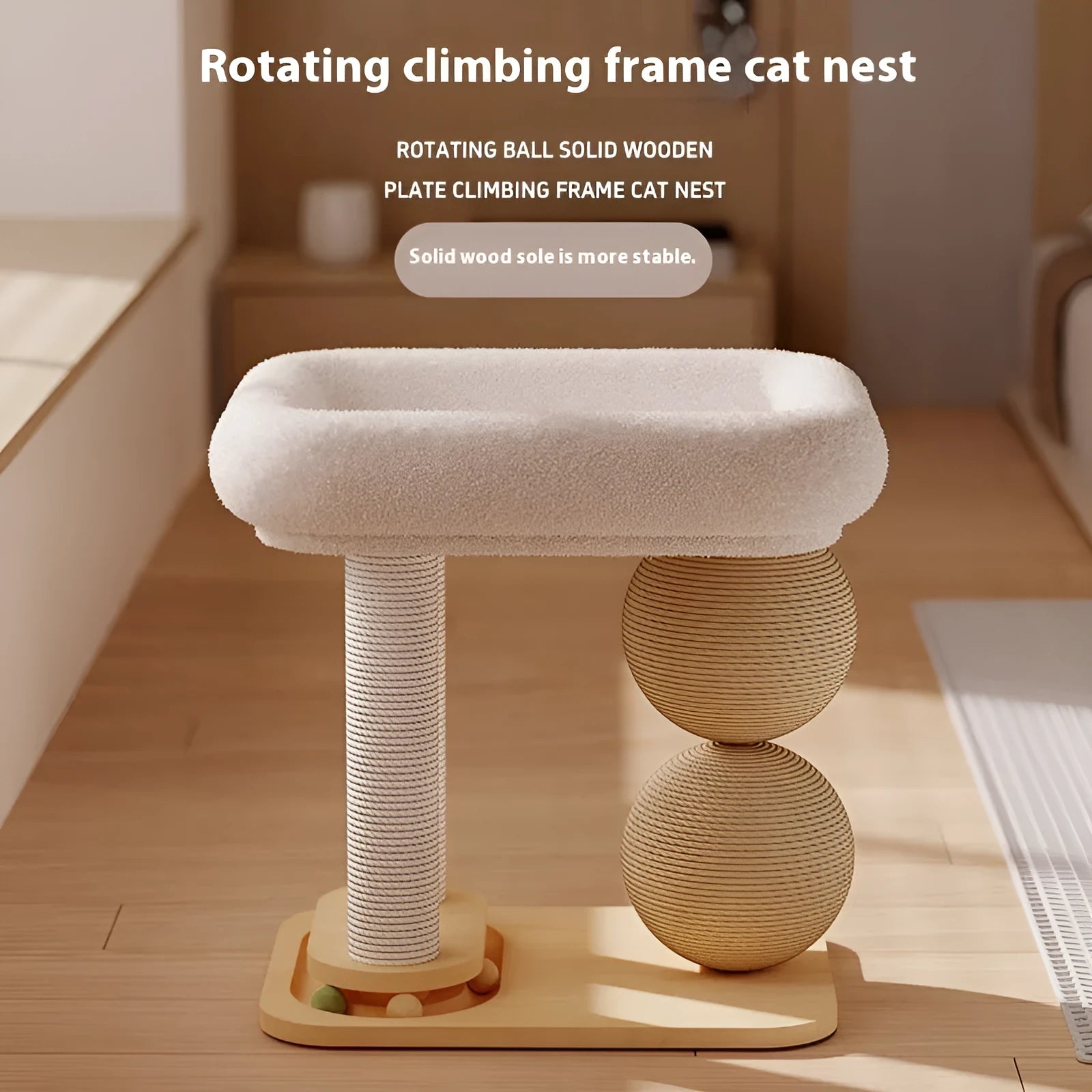 Solid pine cat bed with enclosed sides and two tall sisal scratching posts, featuring a reversible plush sleeping mat inside.