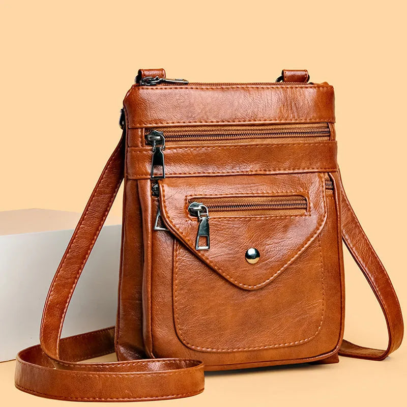 Vertical square crossbody mobile phone bag in PU leather with sewing line detail