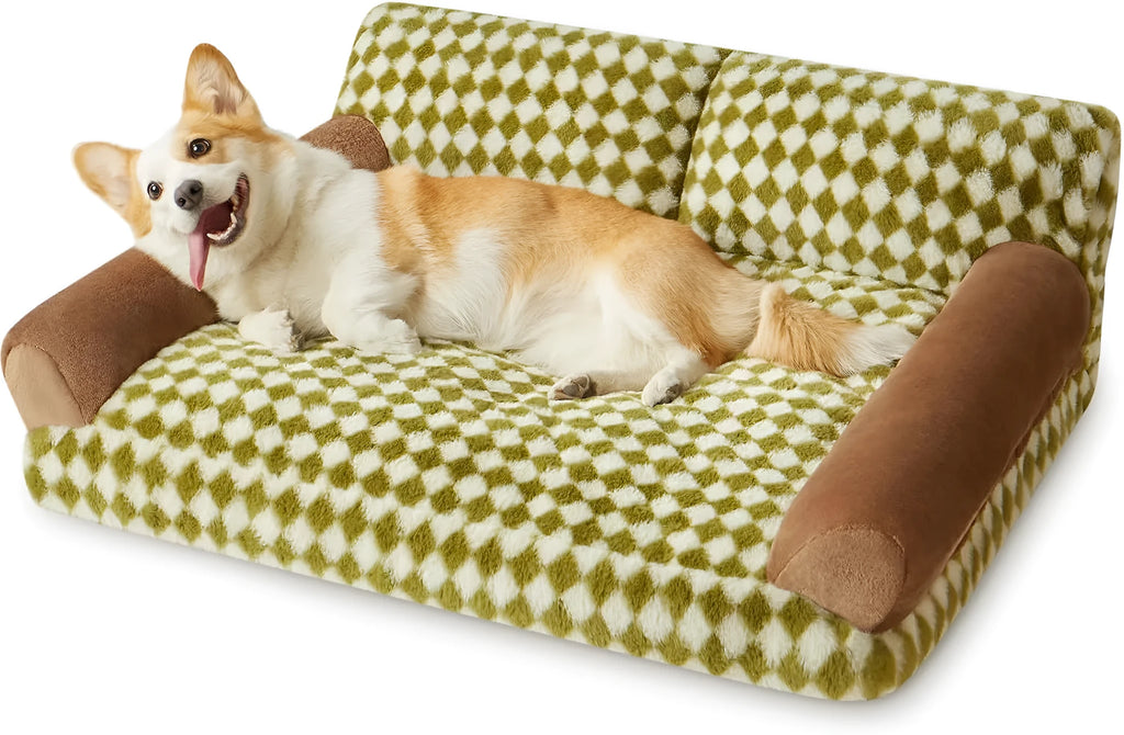 Checkered pattern pet sofa bed for cats and small dogs with a removable cover, shown in a home setting.