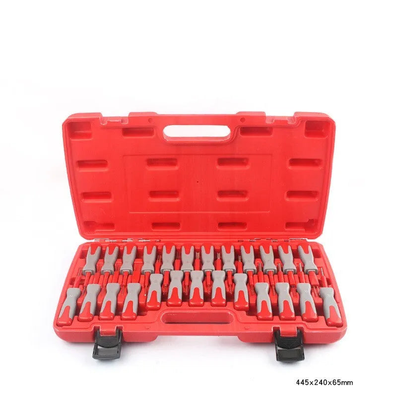Car terminal removal tool kit with 25 pieces including needles and pull-out keys in a storage case.
