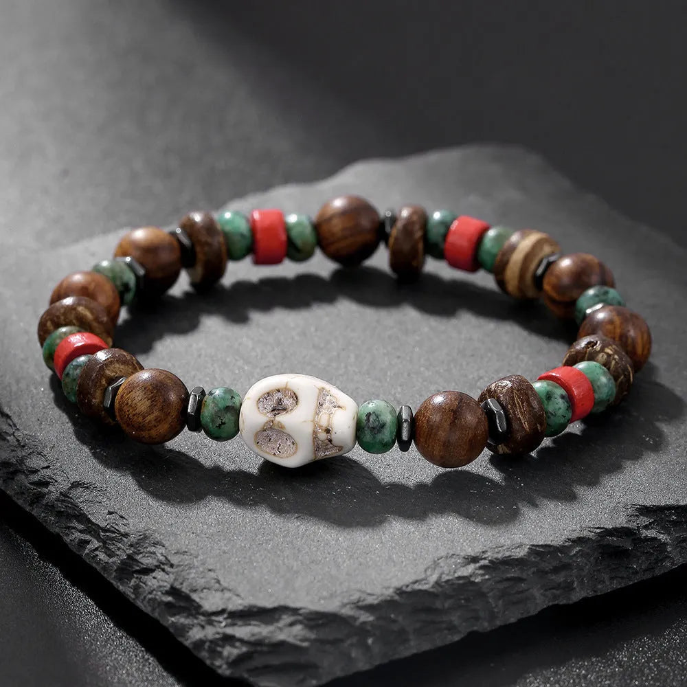 Hand-woven wood turquoise unisex bracelet with totem pattern