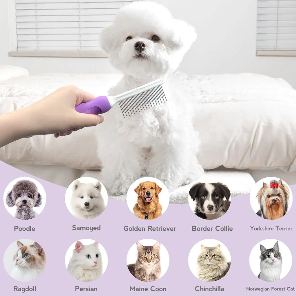 Purple pet grooming comb with stainless steel long and short teeth and an ergonomic handle.