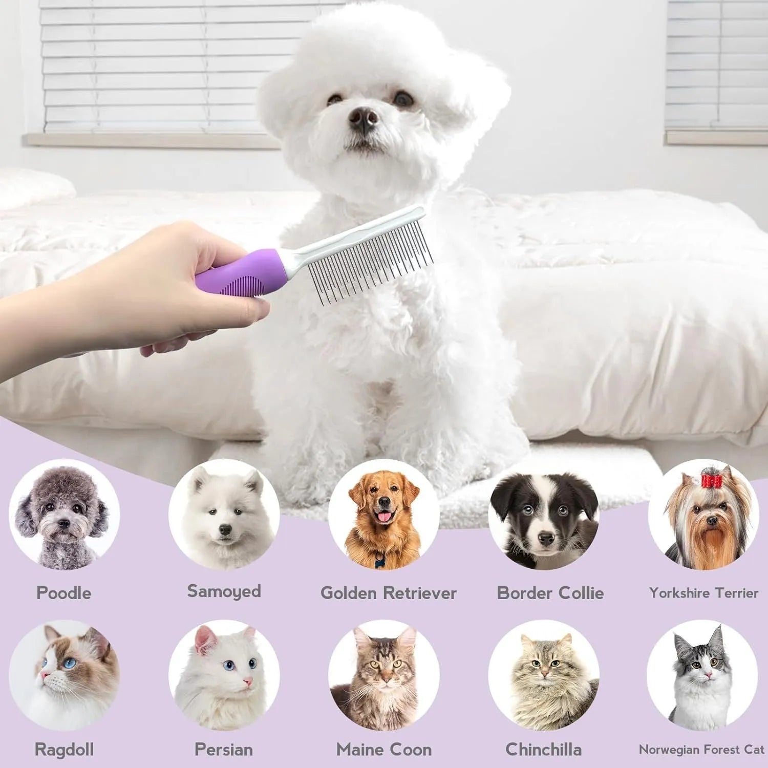Purple pet grooming comb with stainless steel long and short teeth and an ergonomic handle.
