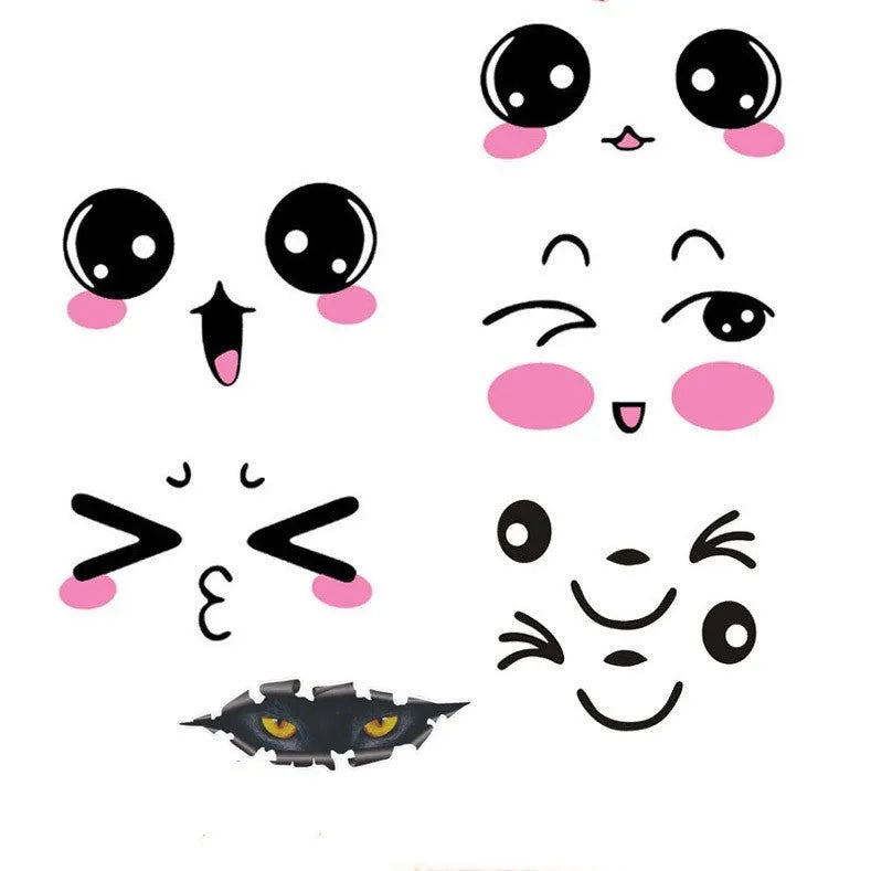 Pair of reflective cartoon eye car stickers with strong adhesive for vehicle personalisation.