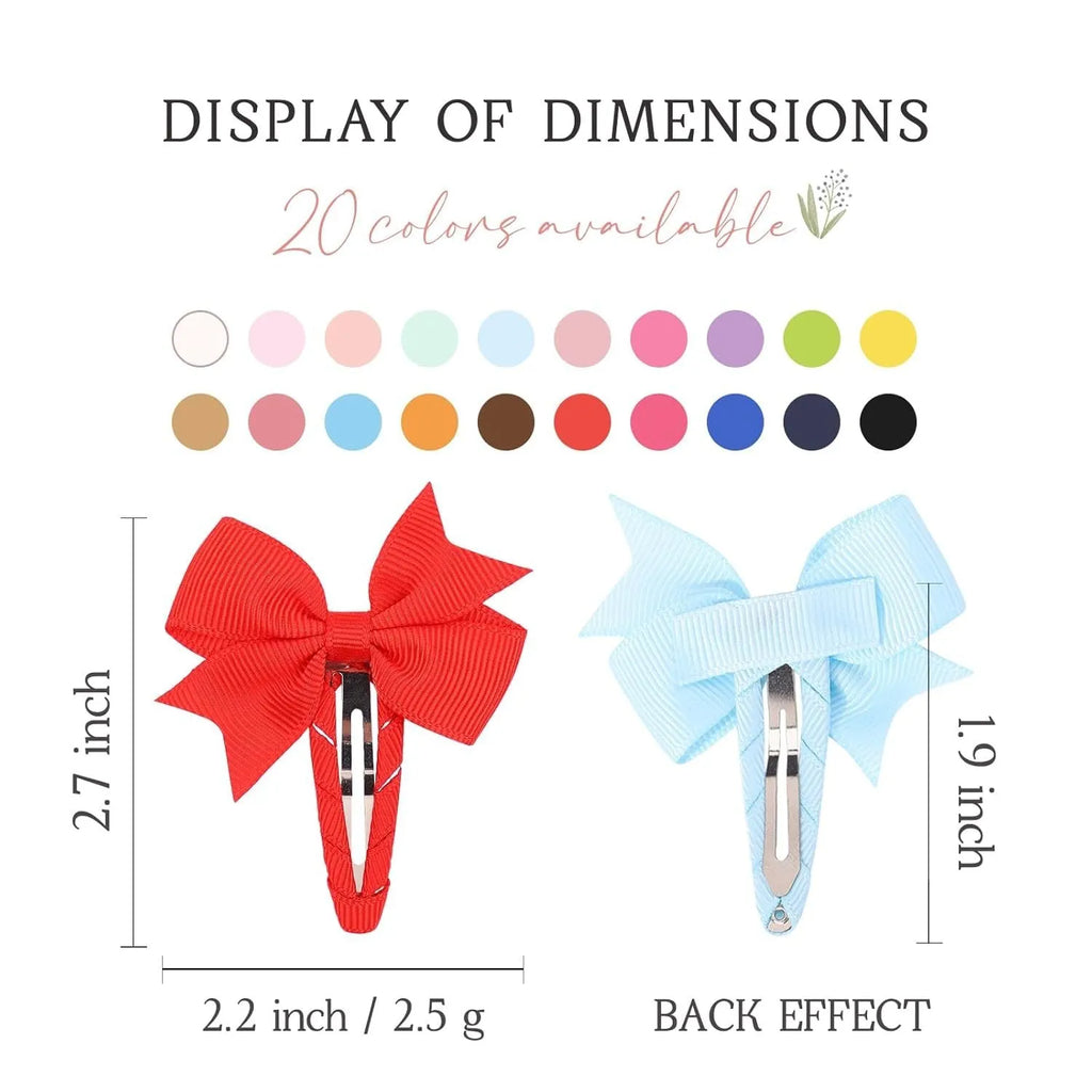 40 piece set of grosgrain ribbon baby hair bows with fully wrapped snap clips in multiple solid colours