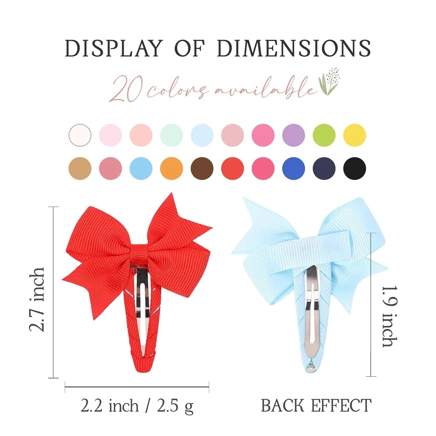 40 piece set of grosgrain ribbon baby hair bows with fully wrapped snap clips in multiple solid colours