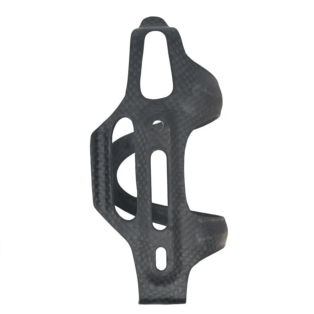 Black carbon fibre side-pull water bottle cage for bicycles with 65mm mounting holes.