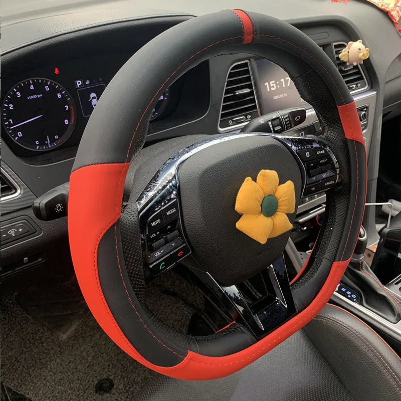 Leather steering wheel cover showing round and D-shaped styles in multiple colours for 38cm diameter wheels