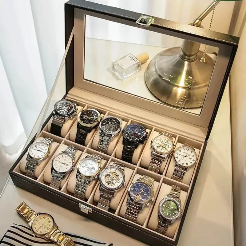 Grey high-grade leather watch storage box with see-through lid showing multiple watch slots.