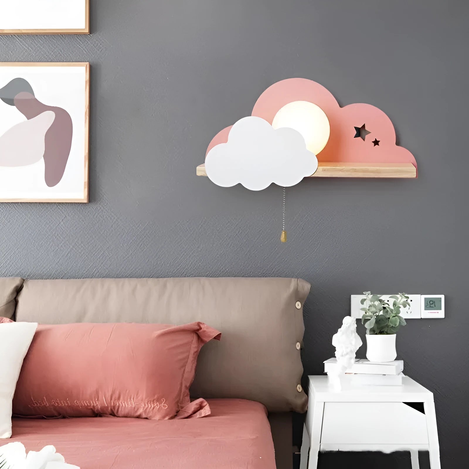 Cloud-shaped decorative wall lamp with glass shade in grey, pink, or white colour options