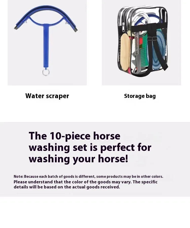 Horse grooming tool set with brushes, combs, and storage bag for equestrian care