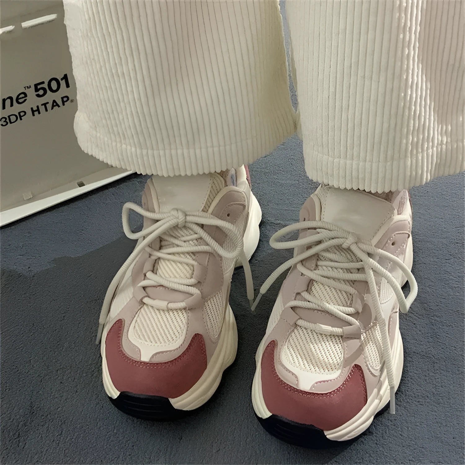 Women's thick-sole height-increasing fashion sneakers in pink with PU upper and lace-up design