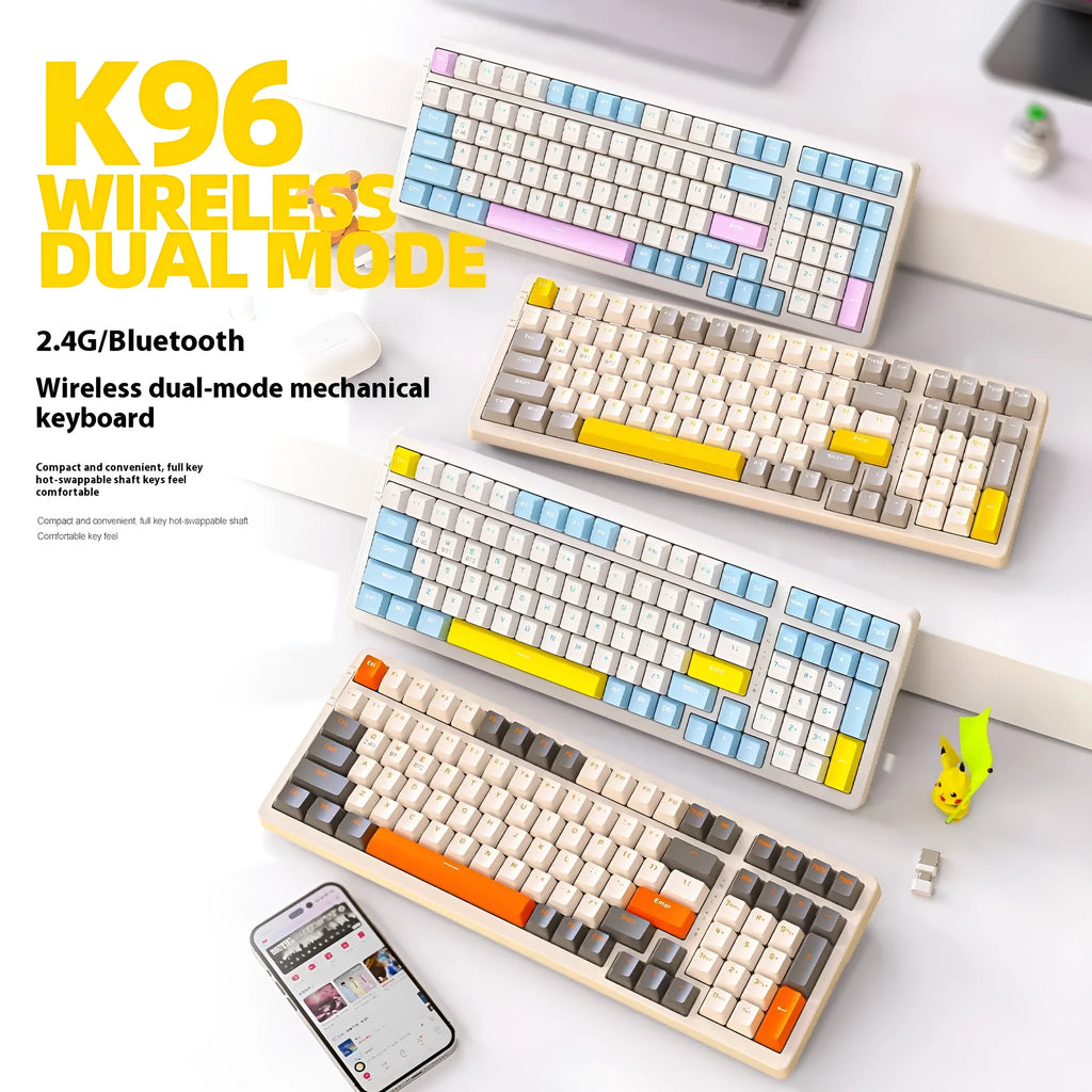 Free Wolf K96 Bluetooth dual-mode mechanical keyboard with colourful keycaps on a desk