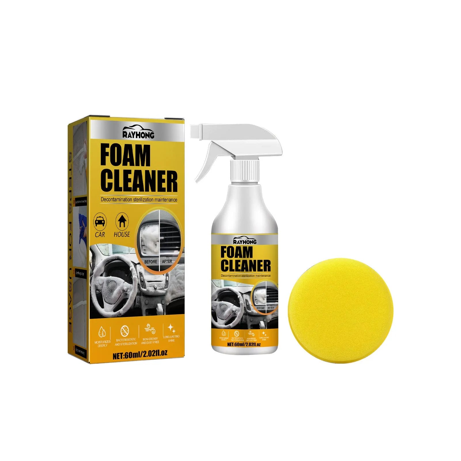 Car interior foamed cleaner bottle and sponge applicator for wash-free upholstery cleaning