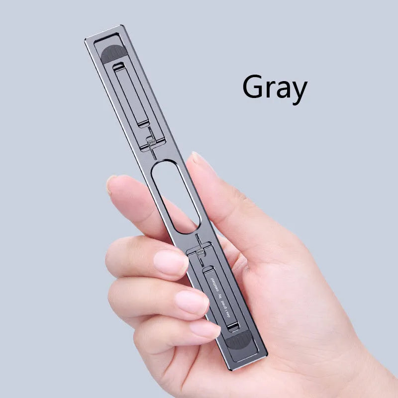 Aluminium laptop cooling bracket in silver colour, showing adjustable height mechanism for notebook support