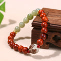 Red rosewood and grey jade women's bracelet with a geometric Bodhi lotus bead in Chinese style.