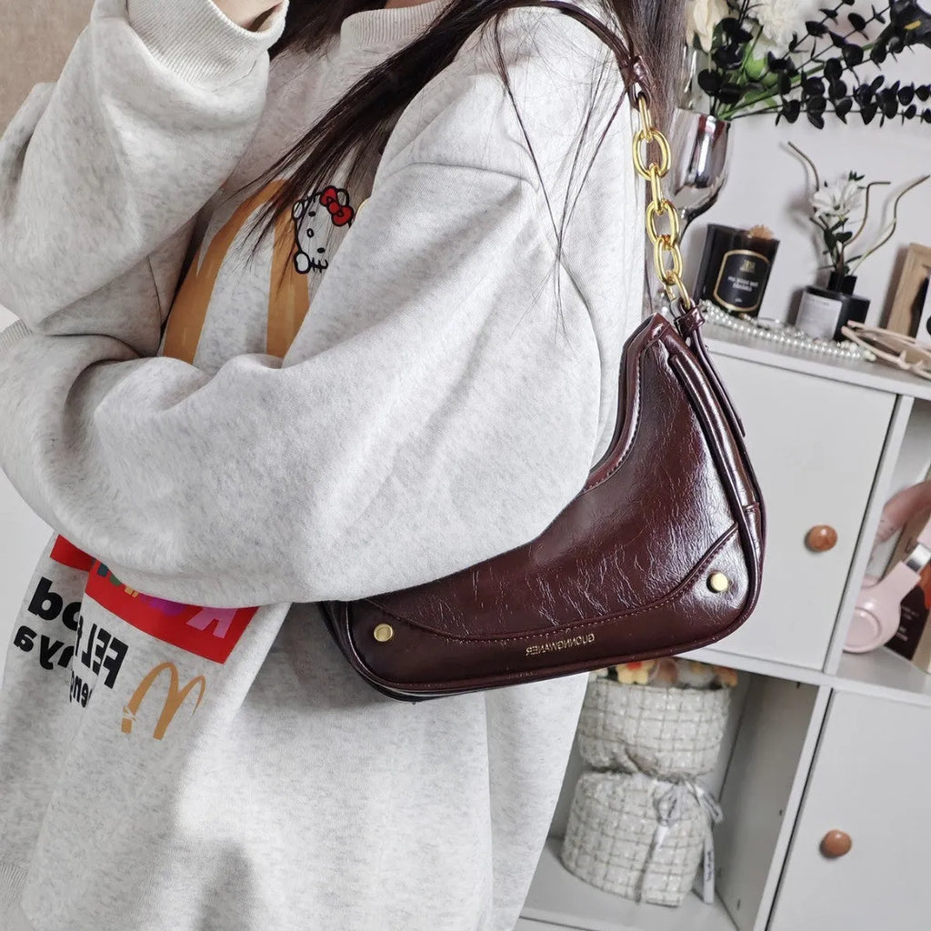 Wine red PU crescent underarm bag with chain strap and horizontal square shape for women's daily use