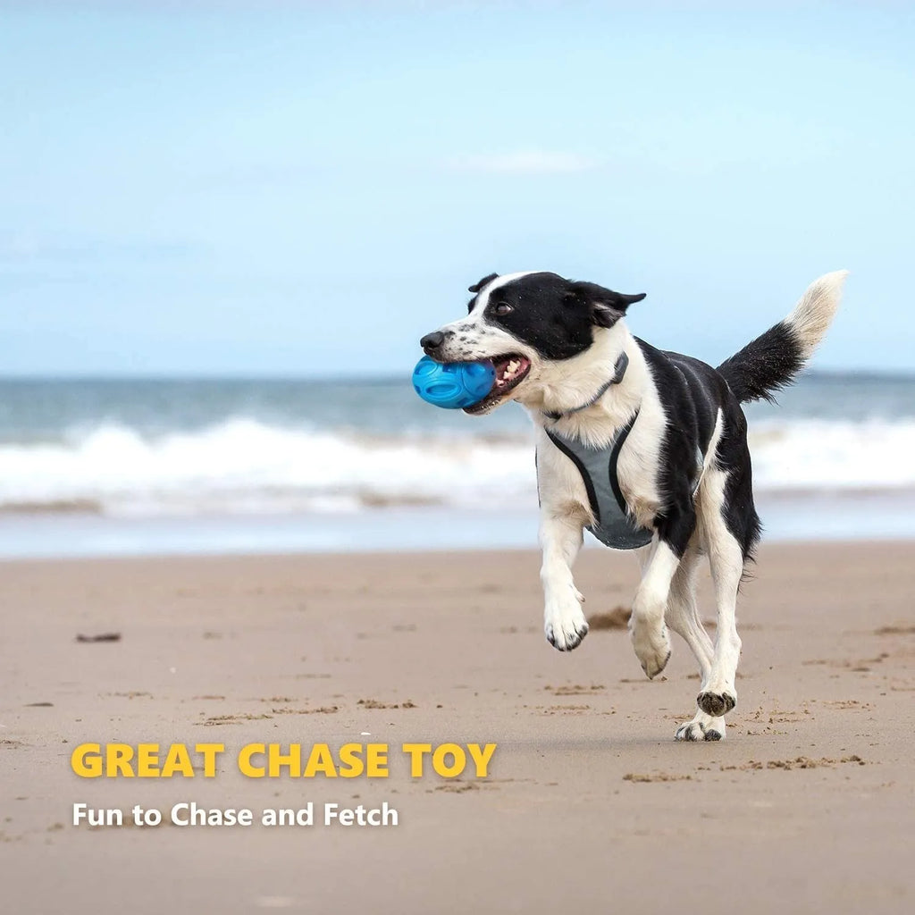 Natural latex rubber sounding rugby dog toy in sky blue with squeaker for fetch