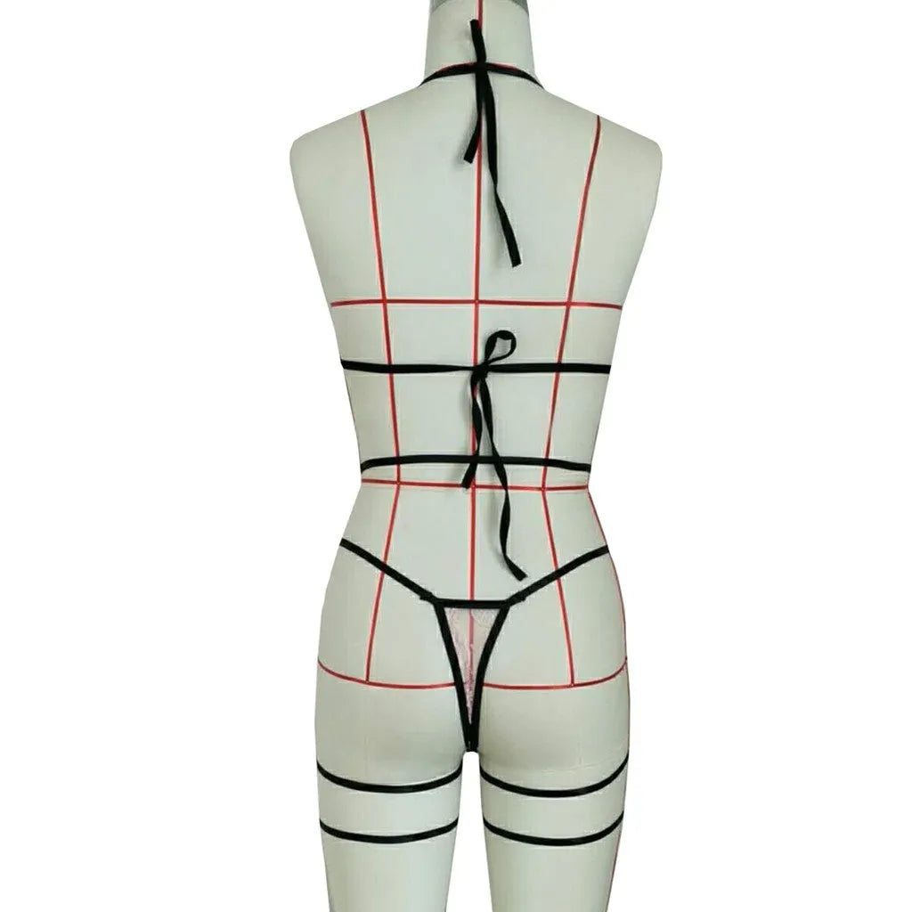 Pink three-point lace lingerie set with leg straps, nylon fabric, sizes S to 3XL