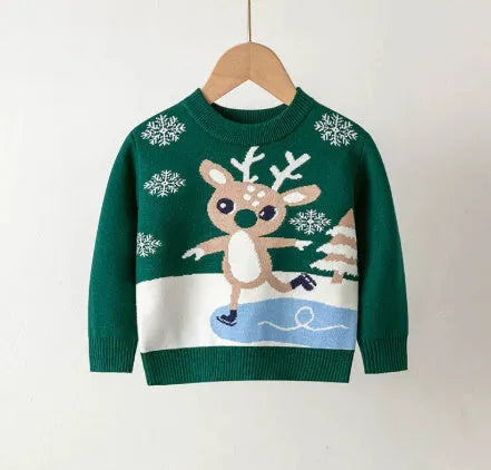 Baby knitted pullover sweater in sapphire blue with cartoon pattern long sleeves viscose fabric