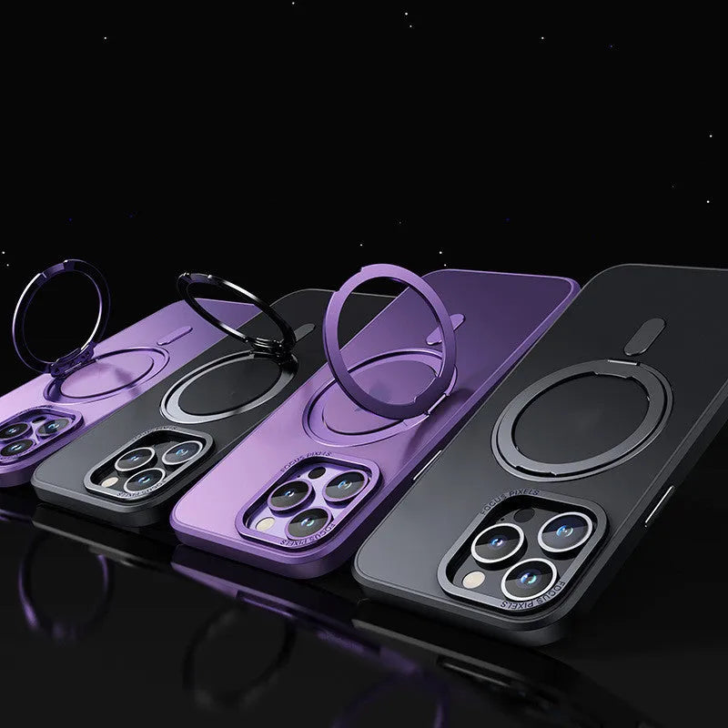 Transparent magnetic fulcrum protective case for iPhone models 11 through 15 Pro Max.