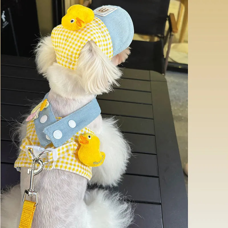 Dog harness and leash set with cat clothes, hat, and wire rope pulling rope for summer pet outings