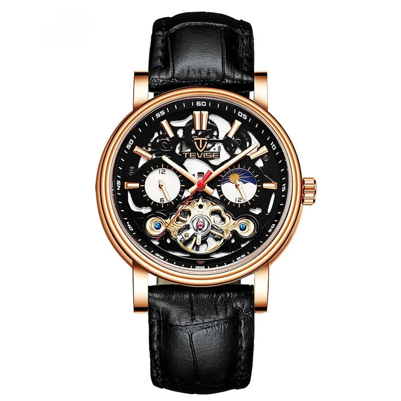 Men's black mechanical watch with luminous hands and a waterproof case on a leather strap.