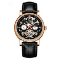 Men's black mechanical watch with luminous hands and a waterproof case on a leather strap.