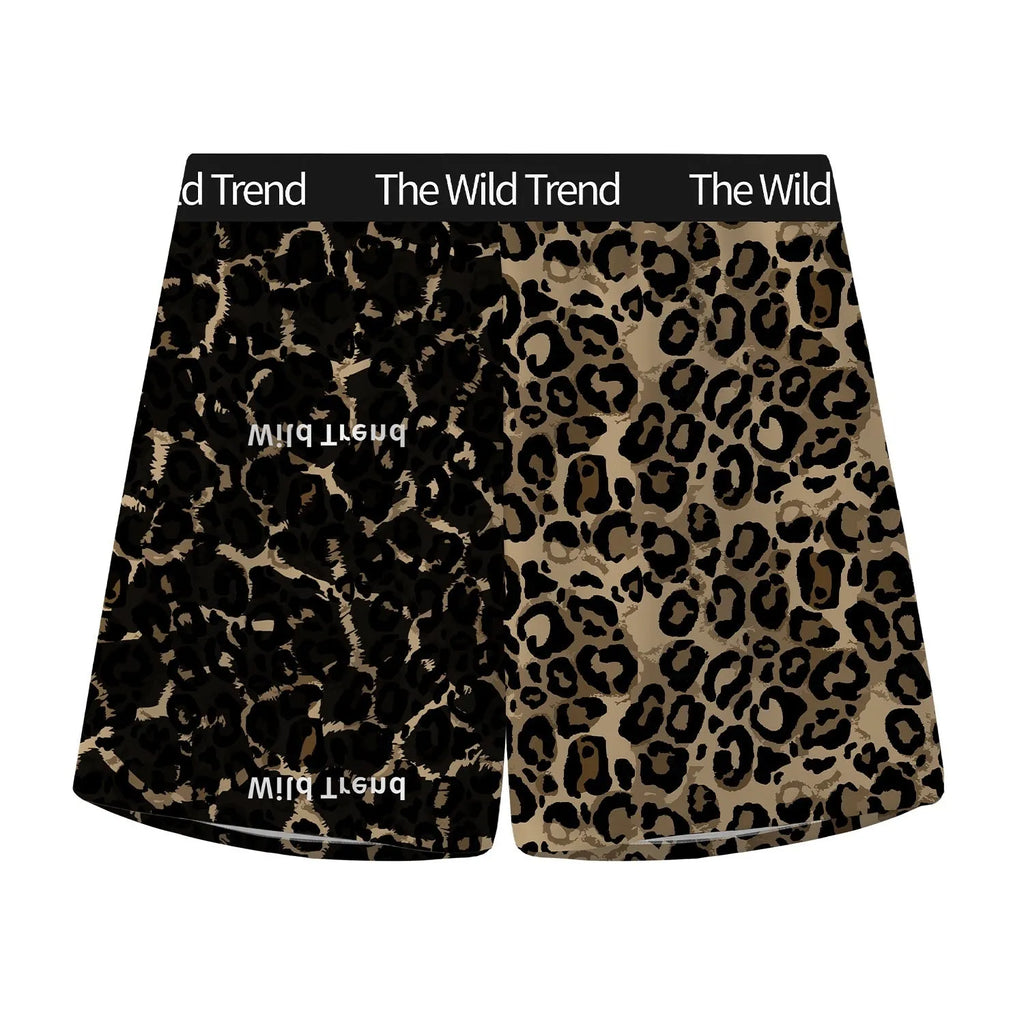 Men's leopard print casual shorts in loose fit with mid waist, made from quick-drying ice silk polyester.