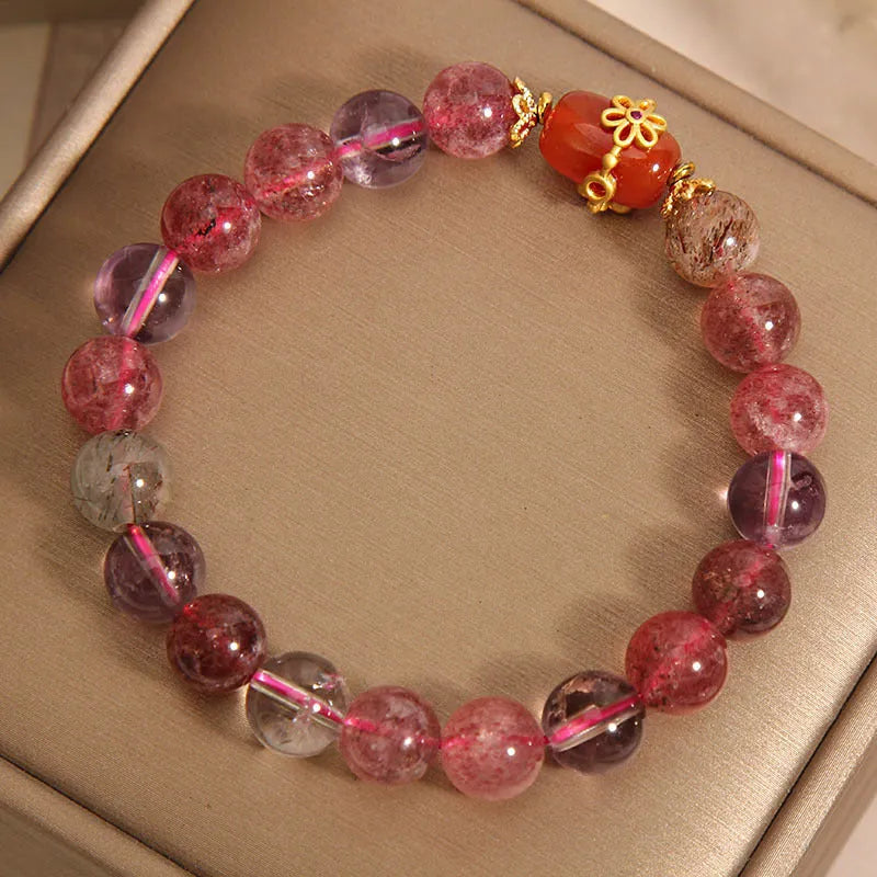 Natural Super Seven crystal bracelet with white beads and red agate accents in cartoon style