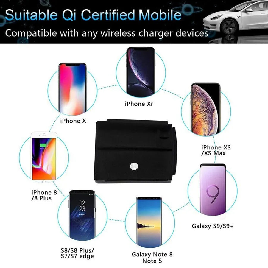 Black wireless charging storage box for Qi-compatible smartphones with fast charging capability