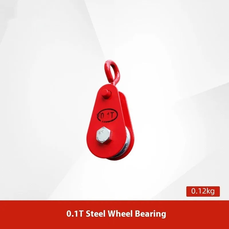 Red industrial steel lifting pulley with a safety latch on the hook for secure lifting.