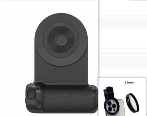 Black multifunctional phone camera holder with magnetic suction and rotatable stand on a table.