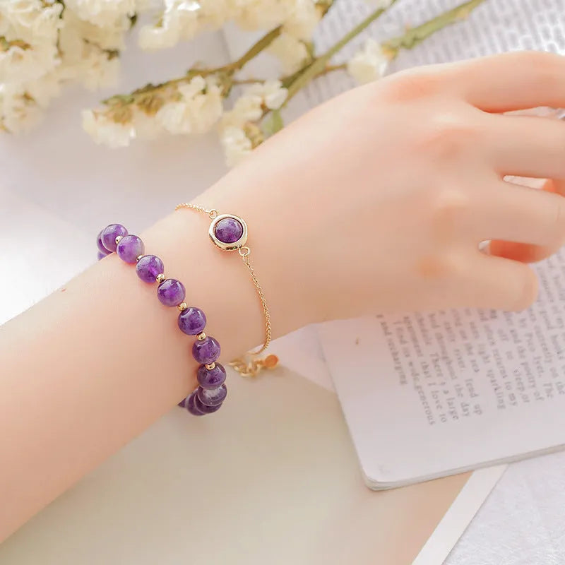 Women's double-layer bracelet with strawberry quartz crystals and lucky beads on gold electroplated copper