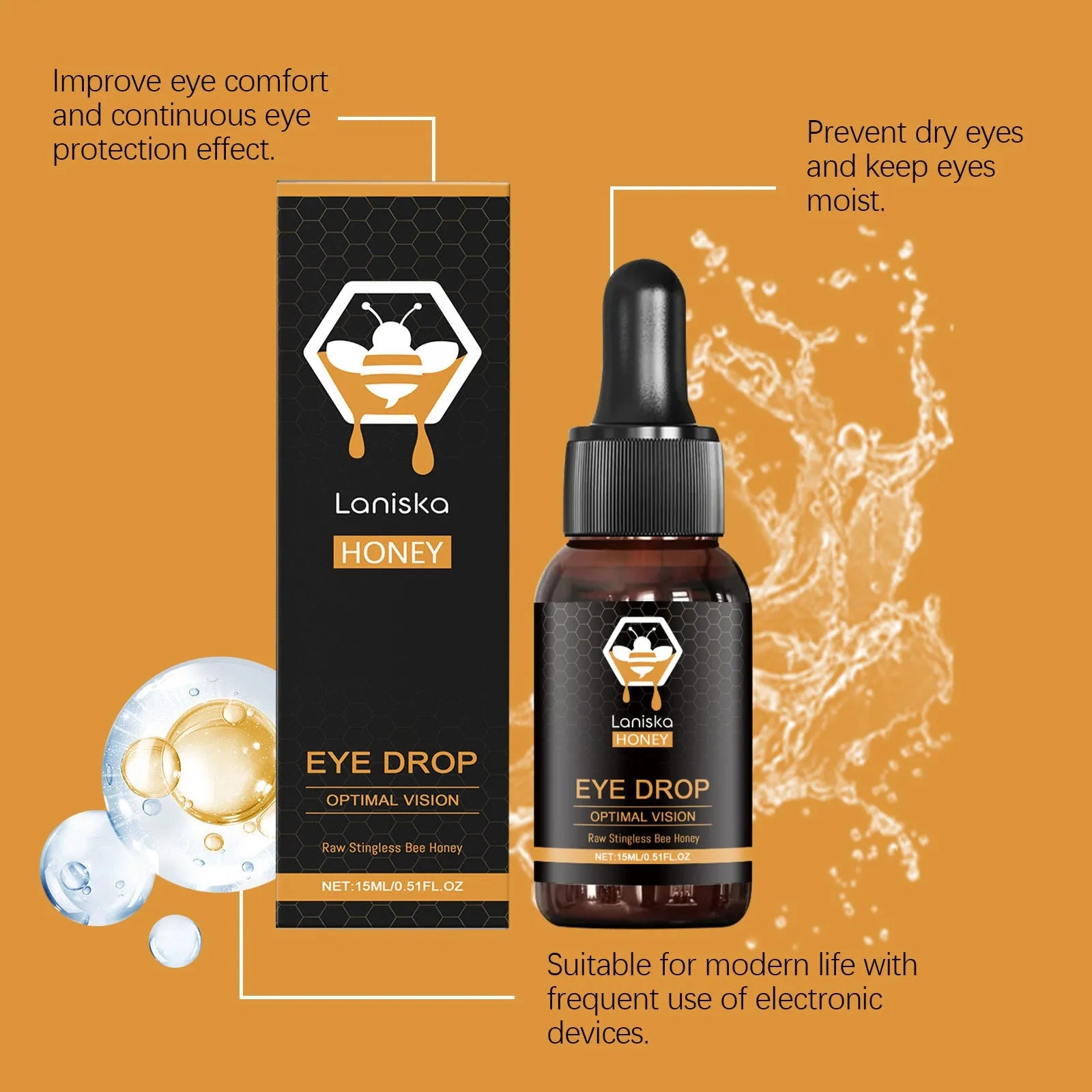 15ml bottle of Deep Fluid Honey Eye Drops for relieving eye fatigue and dryness.
