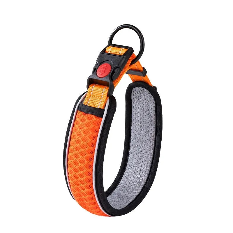 Acrylic dog collar with colour grid pattern in orange, blue and red, size adjustable for small and large breeds
