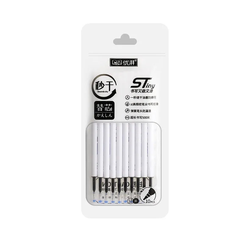 Ten-pack of quick-dry ballpoint pen refills in black, red, blue, and ink blue colours