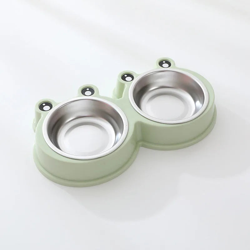 Stainless steel pet double bowl with frog design for separate food and water compartments